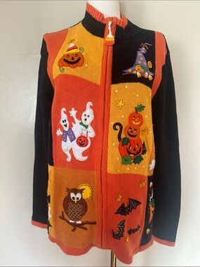Vintage Halloween Cardigan Sweater Tiara International RARE Bling Patchwork XL